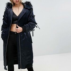 Lost Ink Gorpcore  Y2k Satin Faux Fur Long Coat Size Small NEW